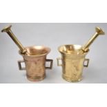 A Near Pair of Bronze and Brass Two Handled Mortars with Pestles, Each 10.5cm Diameter