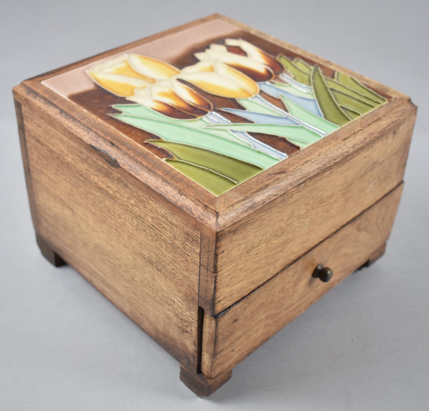 A Modern Tiled Topped Wooden Box with Hinged Lid and Base Drawer, 18cm wide