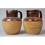 A Near Pair of 19th Century Glazed Tavern Jugs with Tavern and Hunting Scenes in Relief to Bodies,