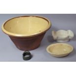 A Large Glazed Terracotta Bowl (Hairline) Together with Jelly Moulds and a Vintage Cutter