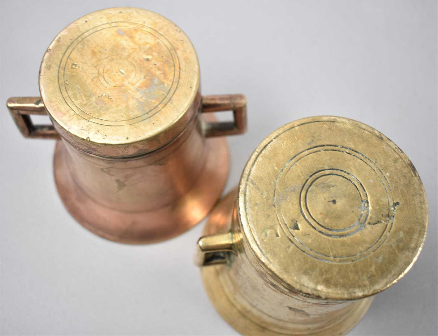 A Near Pair of Bronze and Brass Two Handled Mortars with Pestles, Each 10.5cm Diameter - Image 2 of 2