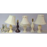 A Collection of Onyx and Alabaster Carved Table Lamps Together with a Wooden Example and a Pair of