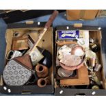 Two Boxes of Sundries to Include Metalwares, Squash Rackets, Clocks, Tankards and Goblets etc