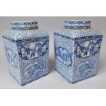A Pair of Blue and White Admas Biscuit Barrels with Covers, 23cm high, Condition Issues