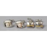 Two Pairs of Silver Gents Cufflinks, one set with gold band and diamond chips, the other with pearls