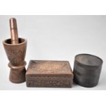 A Far Easter Carved Wooden Rectangular Box, Carved Wooden Pestle and Mortar and a Set of Circular