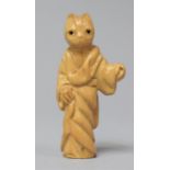 A Carved Netsuke in the Form of an Anthropomorphic Standing Cat Wearing kimono Robe