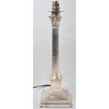 A Silver Plated Corinthian Column Table Lamp Base on Stepped Square Plinth, 41cm High, Some Dents to