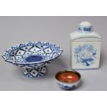 A Modern Oriental Blue and White Teacaddy, Thai Footed Bowl and a Small Tea Bowl