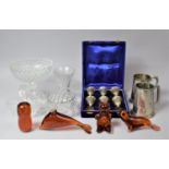 A Collection of Various Glassware to comprise Tazza, Tumblers, Green Glass Powder Bottle, Collectors