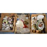 Three Boxes Containing Various Posey Ornaments, Coloured and Plain Glassware, Ceramics etc