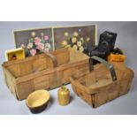 A Collection of Vintage Items to Include Three Box Cameras, Two Floral Prints, Baskets etc