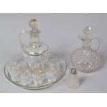A Continental Cordial Decanter Set, Silver Mounted Glass Scent Bottle, Jug and Circular Tray