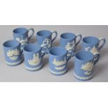 A Collection of Eight Various Wedgwood Jasperware Blue and White Tankards