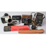 A Collection of Various Vintage Cameras and Bodies, Lenses, Tripod and Box etc