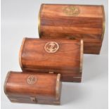 A Modern Brass Mounted Set of Domed Topped Caskets, Each Hinged Lid with Anchor Motif, 23cms Wide