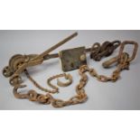 A Vintage Iron Wire Tightener, Chain Hooks, Door Lock etc