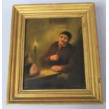 A 19th Century Gilt Framed Oil on Board, Gent at Tavern Table, 29.5x16cm