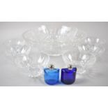 A Circular Glass Bowl, Glass Fruit Set and Two Blue Glass Scent Bottles