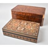 A Burr Wood Workbox together Inlaid Sadeli Topped Jewellery Box, 18cms Wide