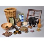 A Collection of Sundries to Include Elephant Ornament, wooden Napkin Rings, Wicker Basket, Photo