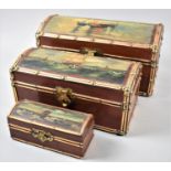 A Nest of Three Oriental Domed Topped Boxes with Brass Banding and Studding, Each Painted with