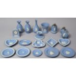 A Collection of Various Wedgwood Blue and White Jasperware to comprise Vases, Table Lighters, Dishes