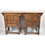 A Pair of Mid 20th Century Oak Side Cabinets with Carved Panelled Doors, Turned Supports, Each 60cms