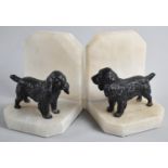 A Pair of Early 20th Century Alabaster Bookends with Cold Painted Spaniels, Each 13cms High