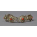 A Silver Filigree Sectional Bracelet with Coral Stone Mounts, 19cm Long