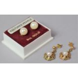 A Pair of 1970's Modernist Pearl Earrings Mounted in Gold and a Similar Pair with Gold Posts