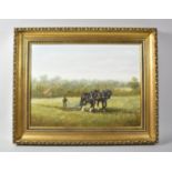 A Gilt Framed Oil on Card Depicting Heavy Horses Ploughing, Signed Reg Brown, 40x30cm