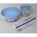 A Collection of Wedgwood Blue and White Jasperware to Include Two Bowls, Bottle Opener and Boxed