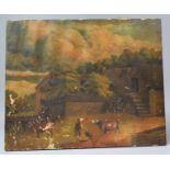 A Mounted but Unframed Naieve Oil on Canvas Depicting Figure and Cattle in Farmyard, Some Paint