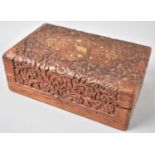 A Brass Inlaid and Carved Indian Teak Jewellery Box with Elephant Decoration to Hinged Lid, 20cms