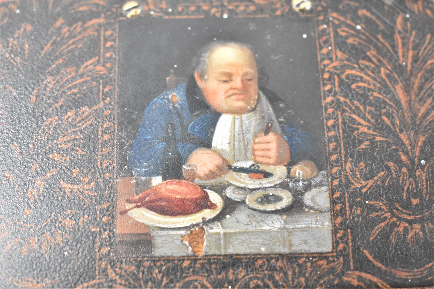 A 19th Century Lacquered Rectangular Snuff Box, the Hinged Lid Decorated with Gent Taking Supper, - Image 3 of 3