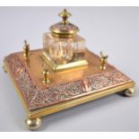 A Nice Quality French Copper and Brass Desktop Inkstand with Single Glass Inkwell Pair of Pen Rests,