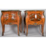 A Pair of French Style Marble Topped Ormolu Mounted Inlaid Bombe Shaped Two Drawer Bedside