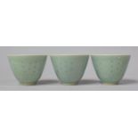 Three Small Chinese Celadon Glazed Rice Speckled Vessels, 7.5cm Diameter 6cm high