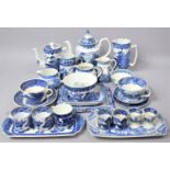 A Collection of Various Blue and White Teawares to comprise Burleigh ware Willow Pattern Hot Water