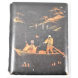 A Japanese Lacquered Post Card Album Containing 24 Hand Painted Postcards in Oil, Mainly Depicting