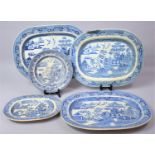 A Collection of Various 19th Century Blue and White Willow Pattern Meat Platters and a Plate to