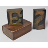 Two Carved Wooden Printing Blocks for Letters S and E Together with 19th Century Novelty Box in