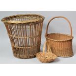 A Vintage Wicker Waste Bin and Two Circular Baskets, bin 41cm wide