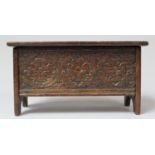 An Edwardian Oak Novelty Two Division Box in the Form of a Coffer Chest with Carved Front Panel,