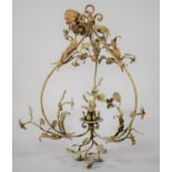 A Vintage Painted Metal Ceiling Light Fitting with Floral and Leaf Mounts to Three Scrolled