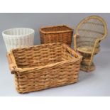 A Collection of Various Wicker Baskets and a Dolls Peacock Chair