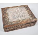A Continental Carved Wooden Box with Silver Mount to Hinged Lid Decorated in Relief with Street
