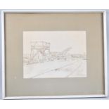 A Framed Sepia Pen and Ink Study of Elevator Beside Railway Goods Yard, 34x25cm