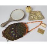 A White Metal Dressing Table Mirror, Two Beadwork Ladies Purses, Mother of Pearl Mounted and Onyx